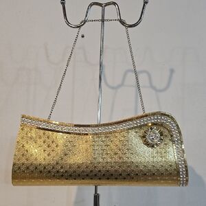 Elegant Gold Clutch with Rhinestone Detailing Evening Cocktails Holidays Medium